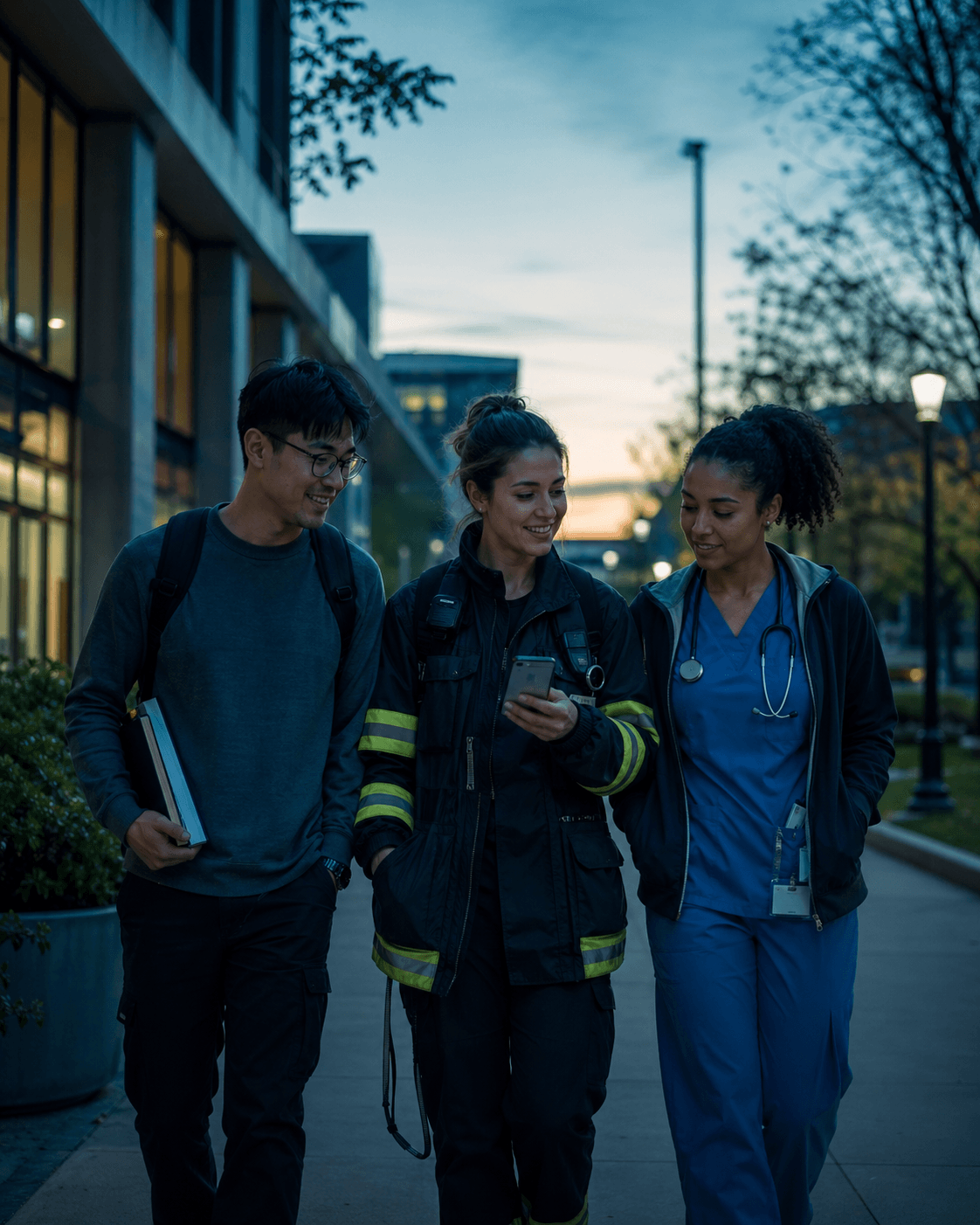 A student, a first responder, and a healthcare worker walking together with a phone.