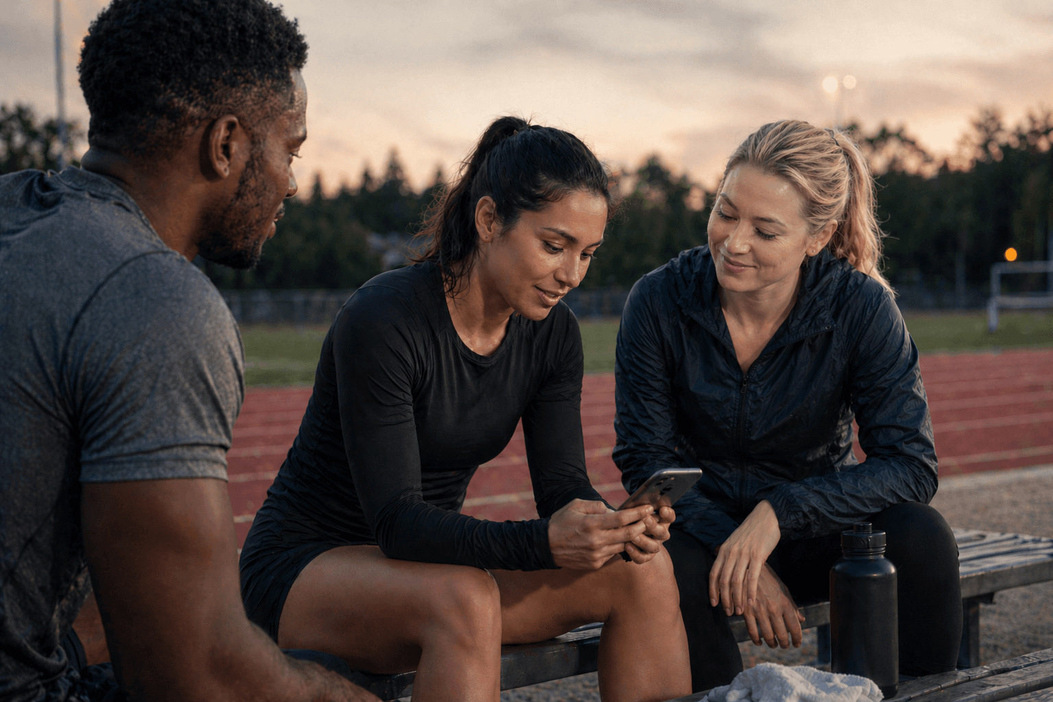 Athletes sitting together by a track bench while one checks a phone and teammates offer quiet support.