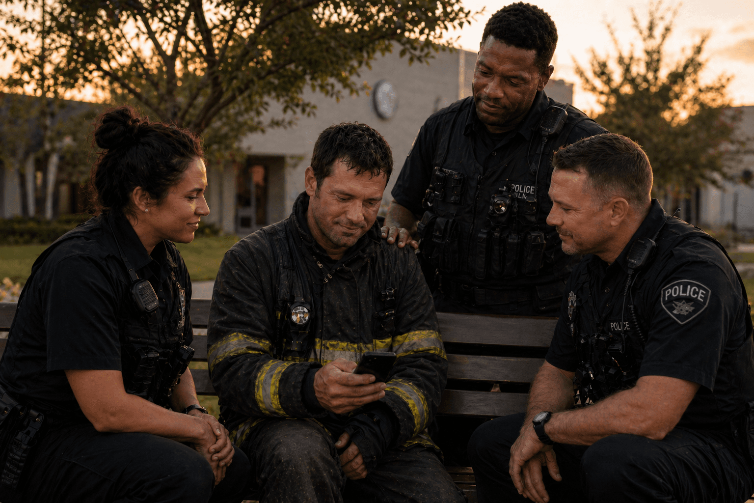 First responders sitting together in a supportive moment while looking at a phone.