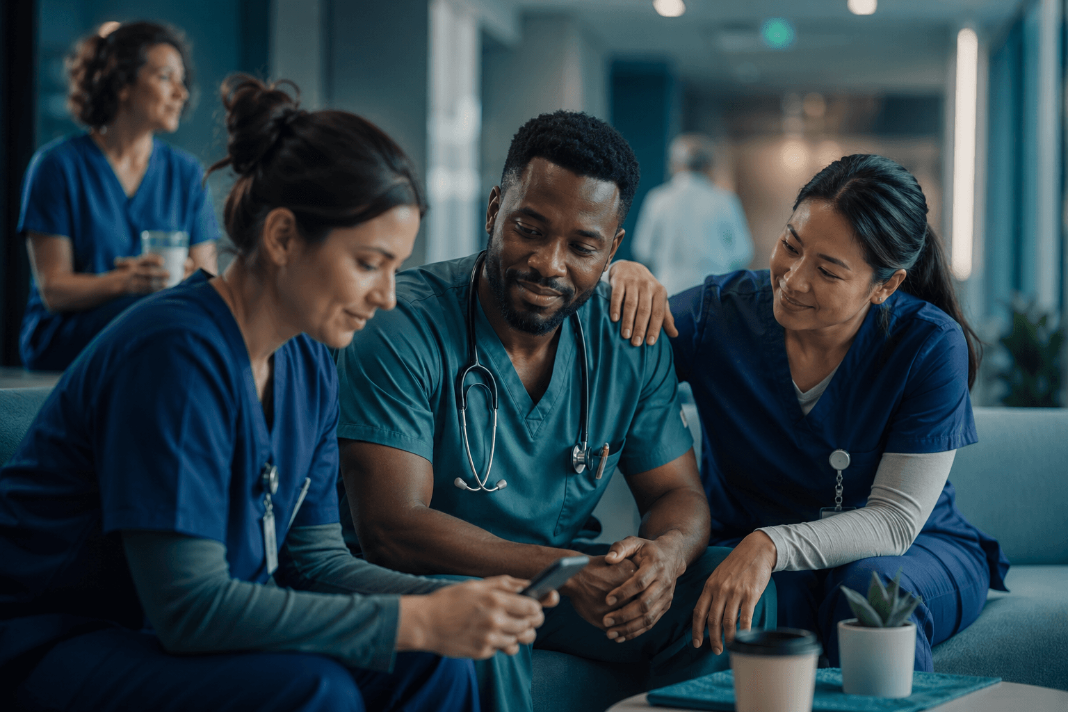 Healthcare workers in scrubs taking a calm break together and looking at a phone.