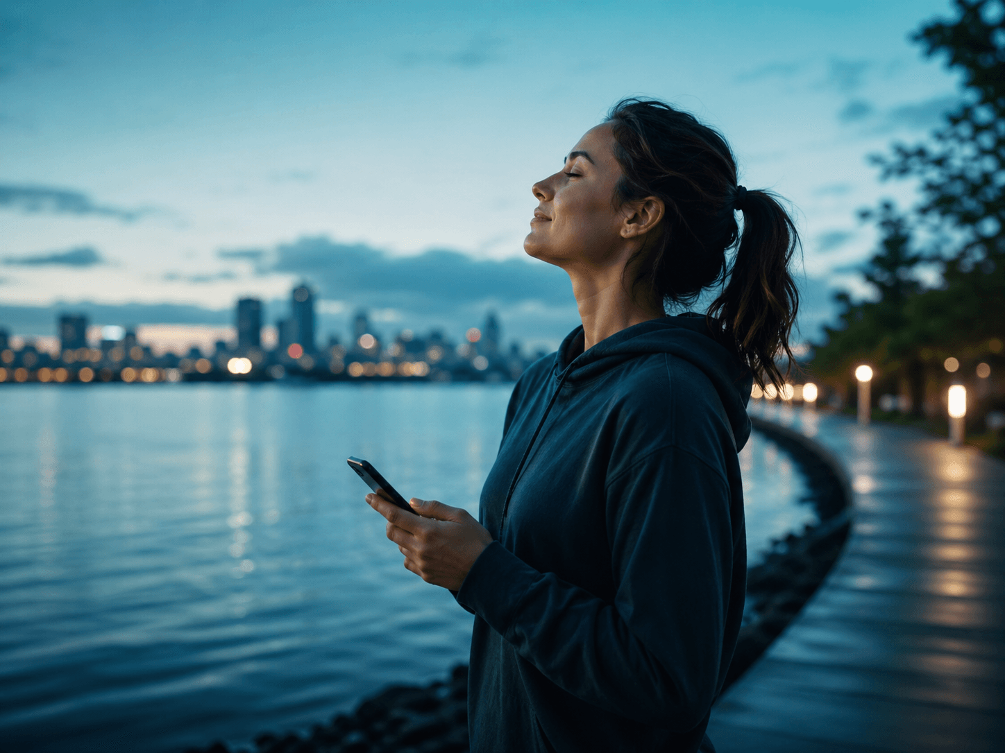 A person taking a calm breathing pause outdoors while holding a phone.