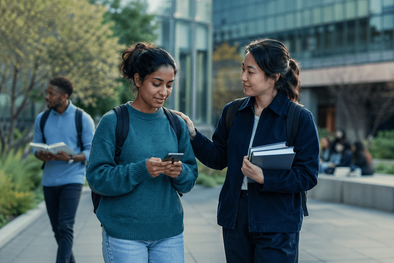 Students walking together on campus while one checks a phone.